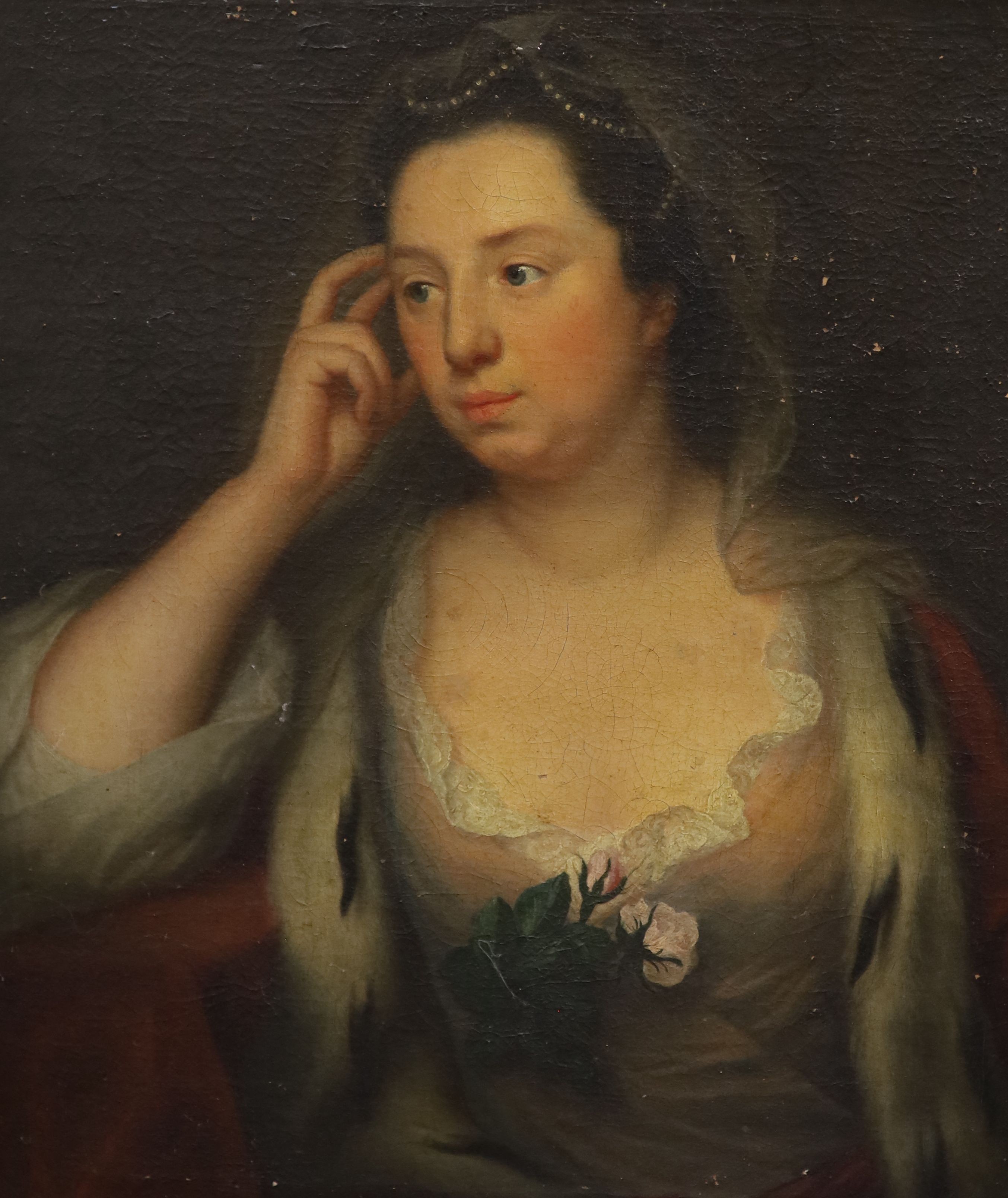 Mid 18th century English School, Portrait of a lady with pearls in her hair, Oil on canvas, 75 x 62cm.